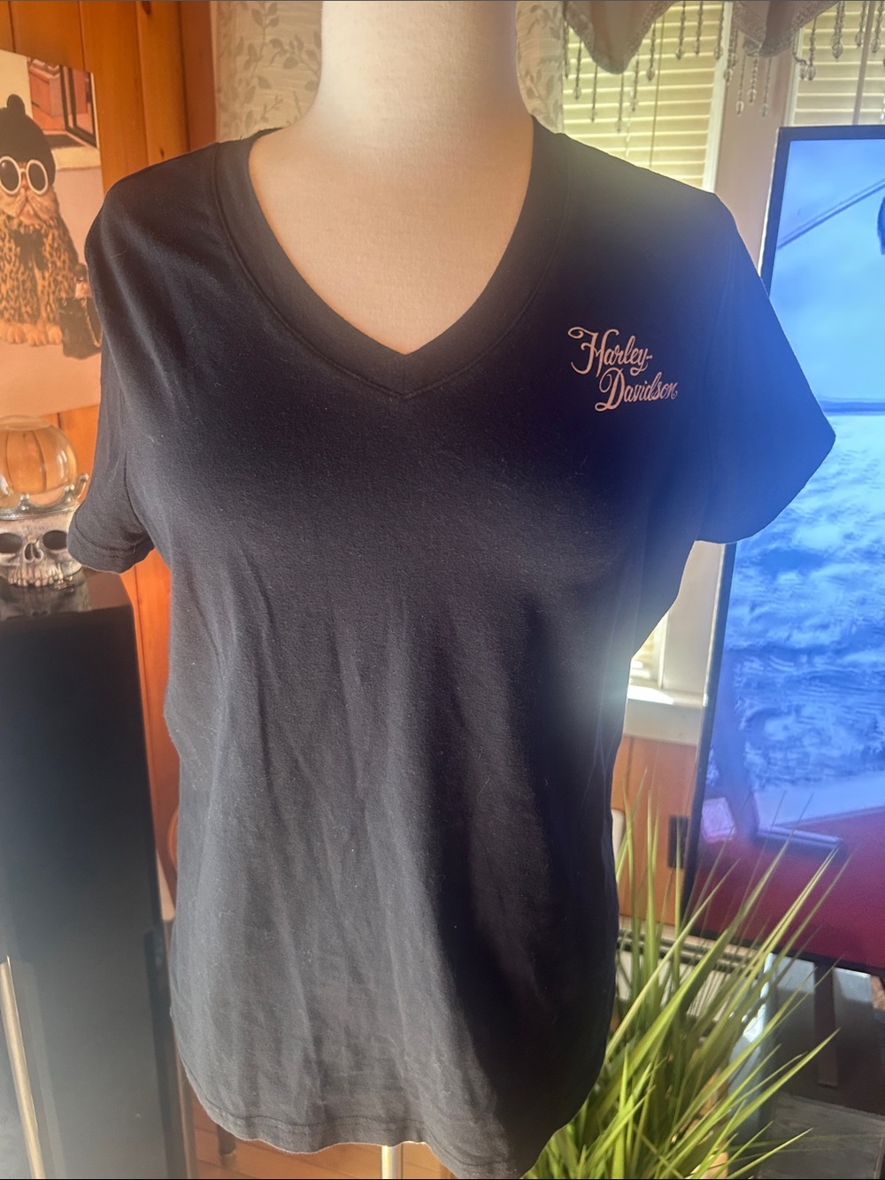 Harley-Davidson Black V-Neck Tee with Pink Script Logo